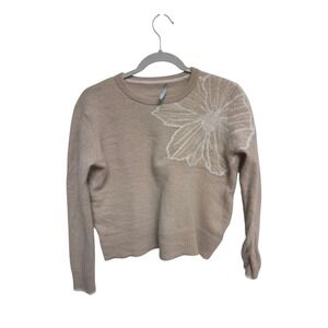 Alashan Women's Cashmere Sweater M Beige Floral Applique Crew‎ Neck Long Sleeve